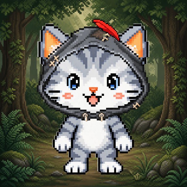 A Sherwood Strays cat: a grey tabby kitten in a secondhand hood with a red feather, standing in the deep woods